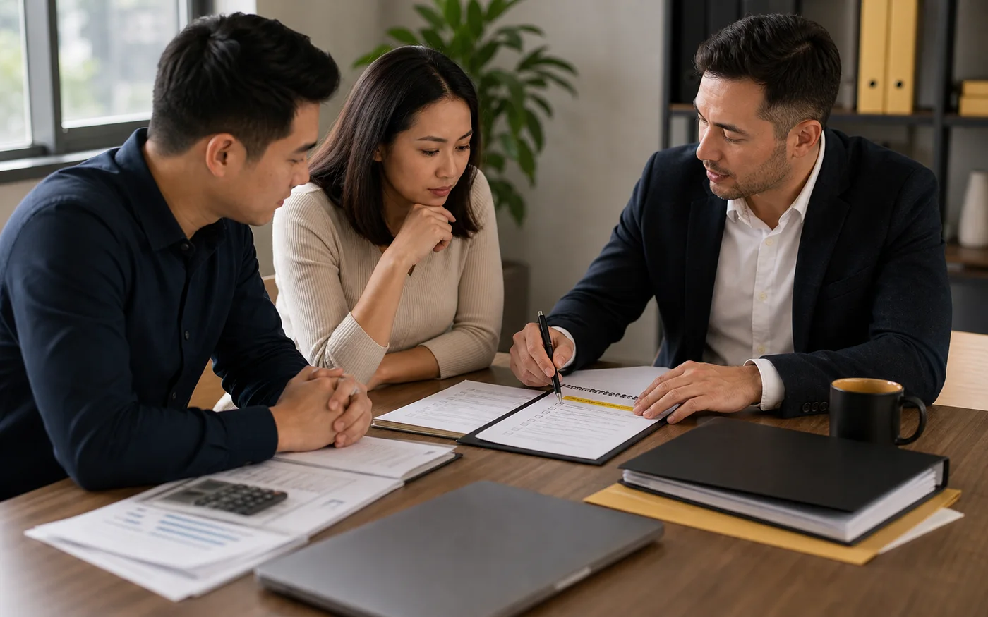 Business owner and advisor reviewing records for a buying or selling decision
